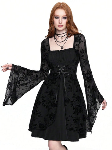 ROMWE Grunge Punk Women's Retro Dark Gothic Witch Style Flocked Patchwork Bell Sleeve Tied Waist Dress