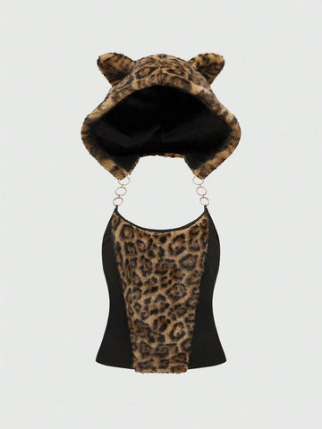 ROMWE Grunge Punk Y2K Harajuku Gal Style Patchwork Leopard Faux Fur Cat Ear Hooded Tight 2-Piece Set For Women