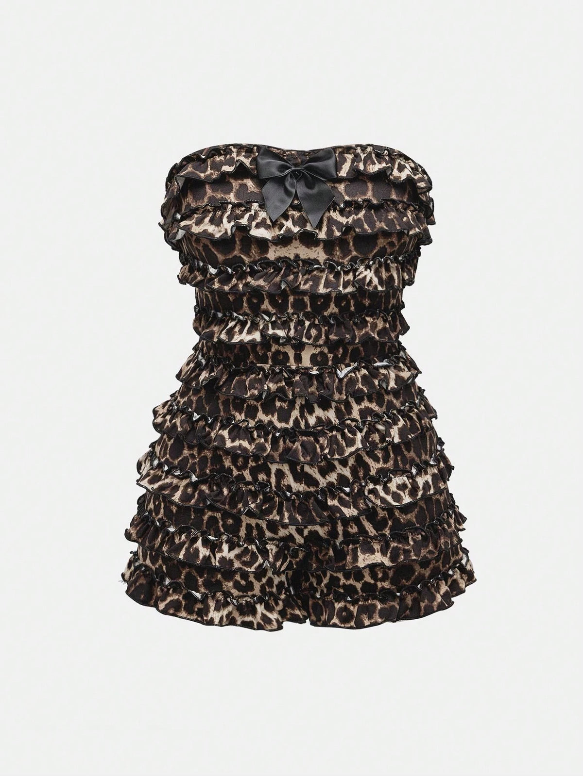 ROMWE Grunge Punk Y2K Harajuku Style Leopard Print Ruffle Trim Layered Cake Mini Rompers For Women