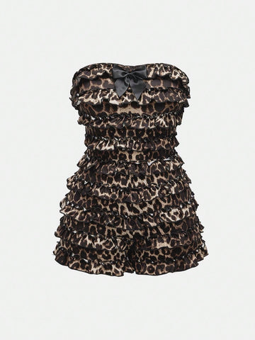 ROMWE Grunge Punk Y2K Harajuku Style Leopard Print Ruffle Trim Layered Cake Mini Rompers For Women