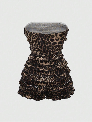 ROMWE Grunge Punk Y2K Harajuku Style Leopard Print Ruffle Trim Layered Cake Mini Rompers For Women