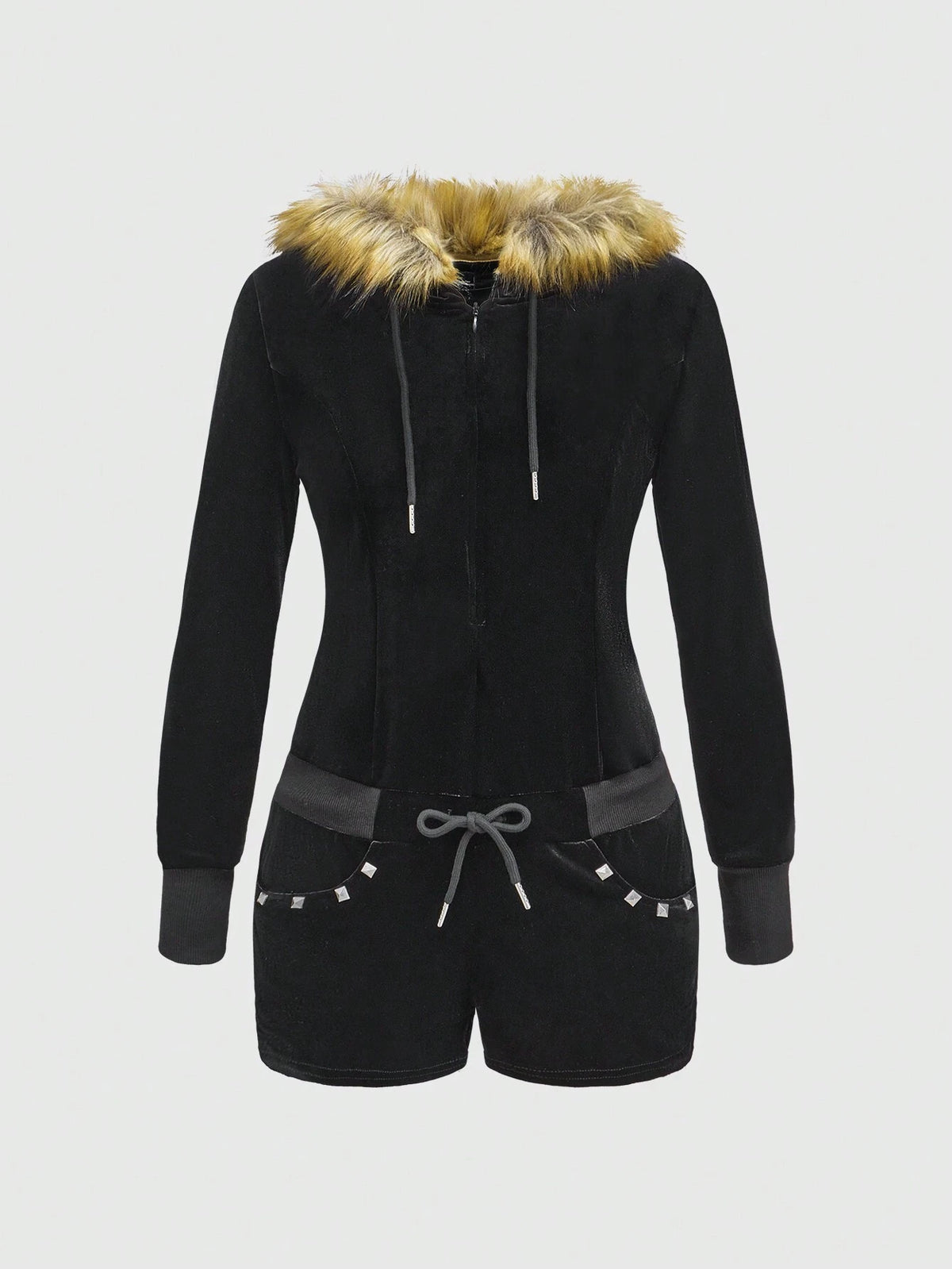 ROMWE Grunge Punk Y2K Style Women's Solid Color Patchwork Velvet Hooded Jumpsuit