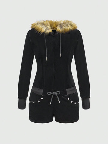 ROMWE Grunge Punk Y2K Style Women's Solid Color Patchwork Velvet Hooded Jumpsuit