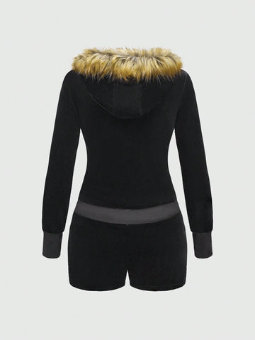 ROMWE Grunge Punk Y2K Style Women's Solid Color Patchwork Velvet Hooded Jumpsuit