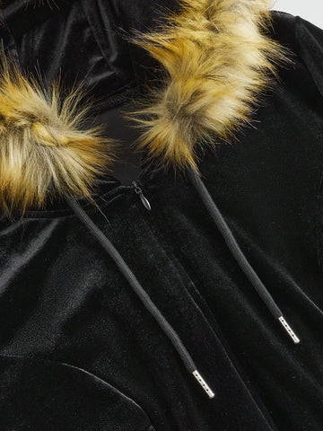 ROMWE Grunge Punk Y2K Style Women's Solid Color Patchwork Velvet Hooded Jumpsuit