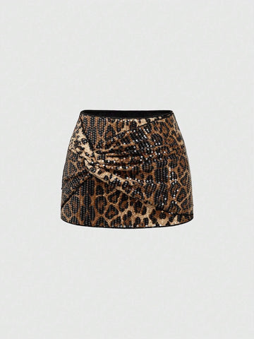 ROMWE Grunge Punk Y2K Subculture Leopard Print Sequined Low Waist Supershort Mini Skirt For Women