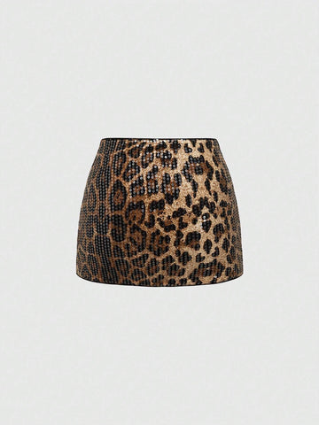 ROMWE Grunge Punk Y2K Subculture Leopard Print Sequined Low Waist Supershort Mini Skirt For Women