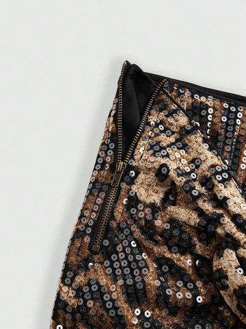 ROMWE Grunge Punk Y2K Subculture Leopard Print Sequined Low Waist Supershort Mini Skirt For Women