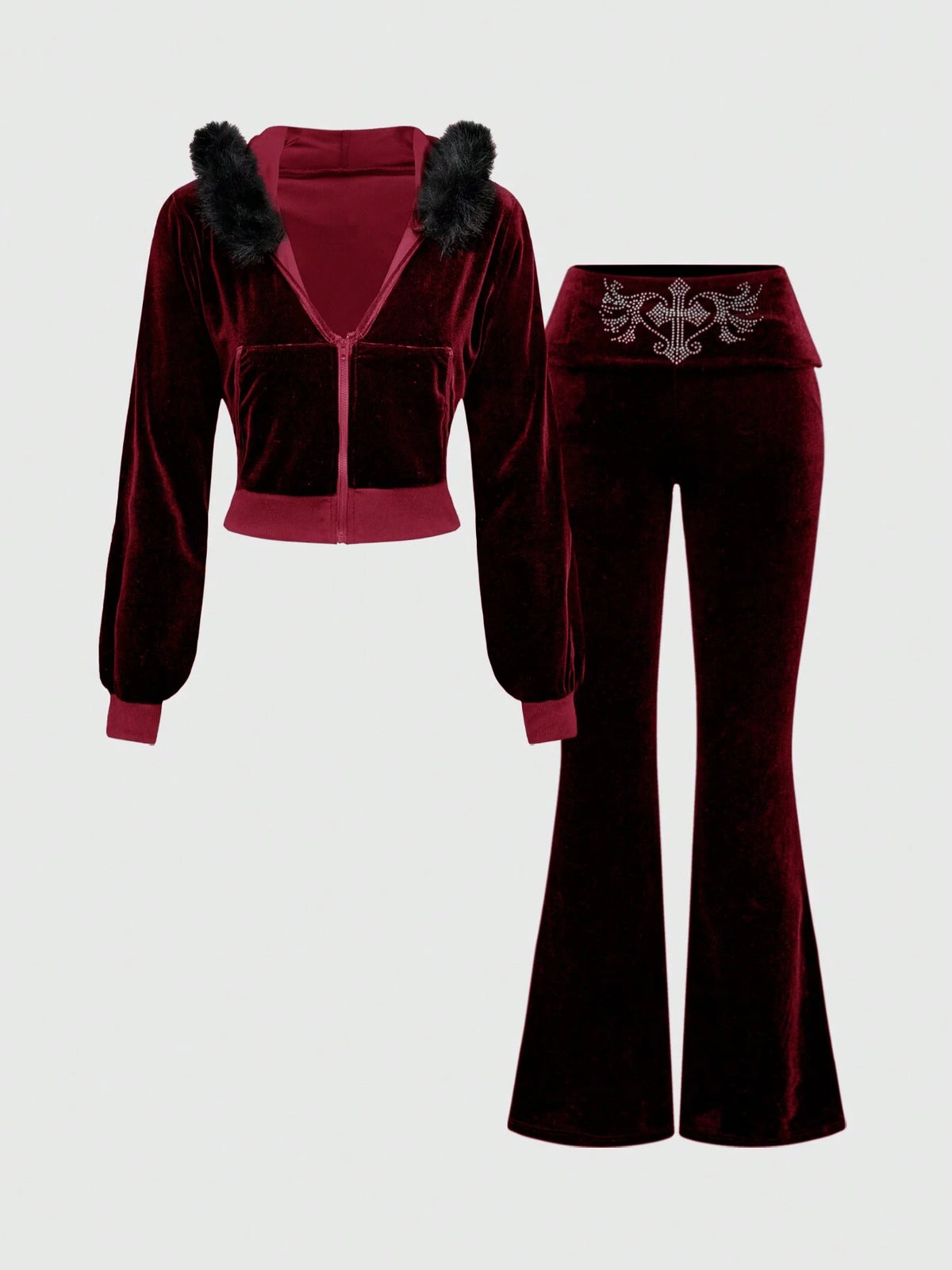 ROMWE Grunge Punk Y2K Velvet Cropped Hoodie And Low-Waist Flare Pants 2Pcs Set For Women