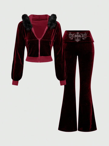 ROMWE Grunge Punk Y2K Velvet Cropped Hoodie And Low-Waist Flare Pants 2Pcs Set For Women