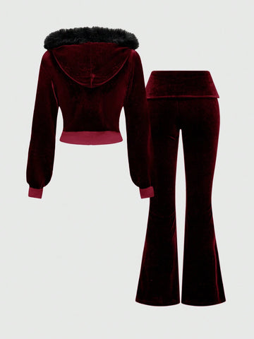 ROMWE Grunge Punk Y2K Velvet Cropped Hoodie And Low-Waist Flare Pants 2Pcs Set For Women