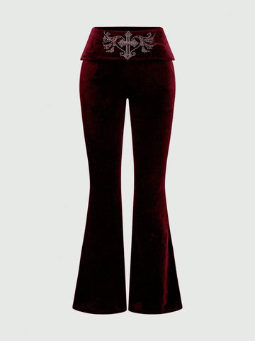 ROMWE Grunge Punk Y2K Velvet Cropped Hoodie And Low-Waist Flare Pants 2Pcs Set For Women