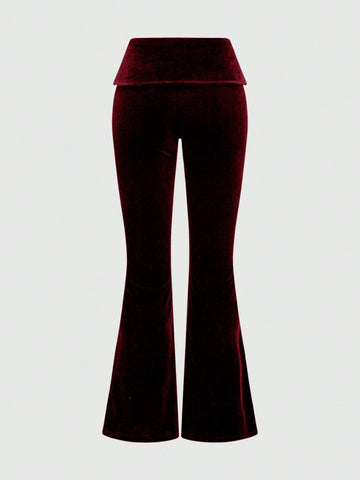 ROMWE Grunge Punk Y2K Velvet Cropped Hoodie And Low-Waist Flare Pants 2Pcs Set For Women