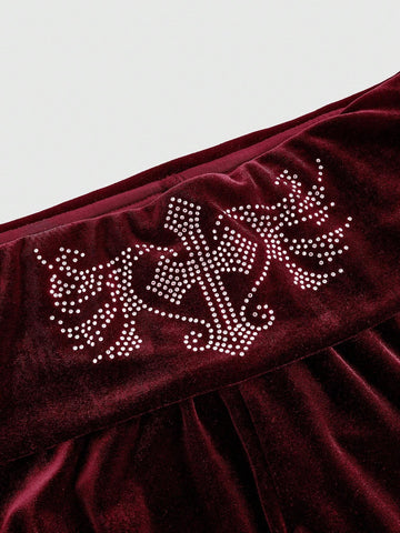 ROMWE Grunge Punk Y2K Velvet Cropped Hoodie And Low-Waist Flare Pants 2Pcs Set For Women