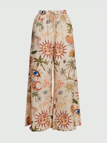 ROMWE Hippie Bohemian Holiday Moon, Stars & Sunflower Printed Casual Flared Pants