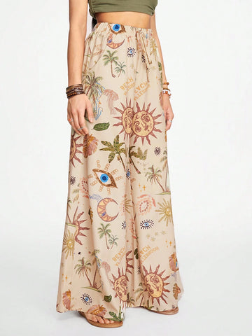 ROMWE Hippie Bohemian Holiday Moon, Stars & Sunflower Printed Casual Flared Pants