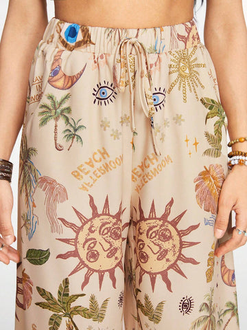 ROMWE Hippie Bohemian Holiday Moon, Stars & Sunflower Printed Casual Flared Pants