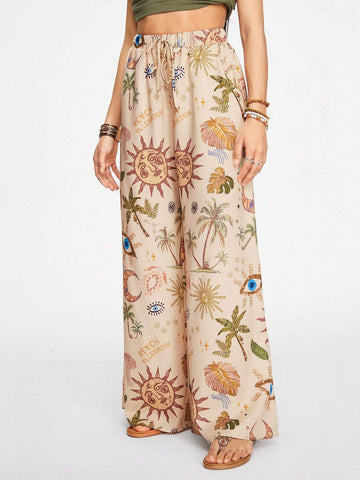 ROMWE Hippie Bohemian Holiday Moon, Stars & Sunflower Printed Casual Flared Pants