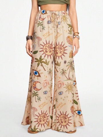ROMWE Hippie Bohemian Holiday Moon, Stars & Sunflower Printed Casual Flared Pants