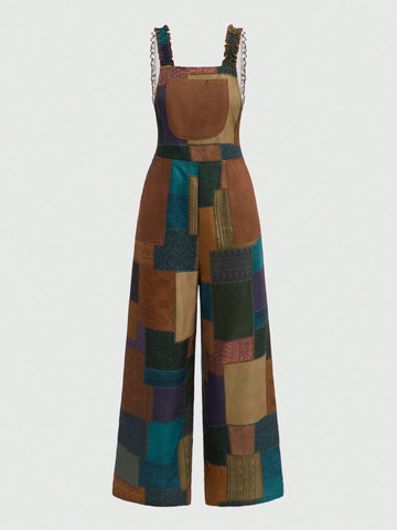 ROMWE Hippie Elf Hippie Nepal Pattern Patchwork Overalls