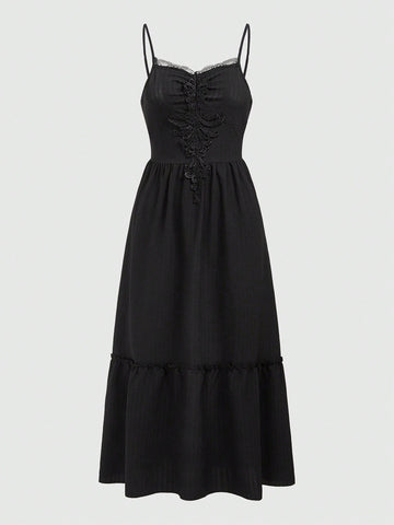 ROMWE Hippie Embroidered Patchwork Lace Trimmed Spaghetti Strap Dress