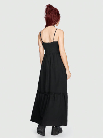 ROMWE Hippie Embroidered Patchwork Lace Trimmed Spaghetti Strap Dress
