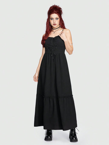 ROMWE Hippie Embroidered Patchwork Lace Trimmed Spaghetti Strap Dress
