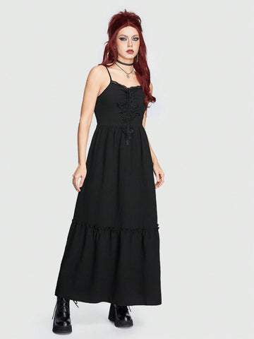ROMWE Hippie Embroidered Patchwork Lace Trimmed Spaghetti Strap Dress