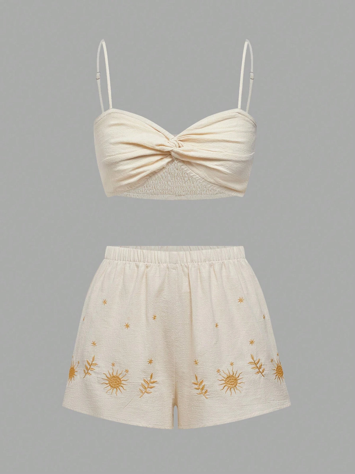 ROMWE Hippie Holiday Style Sun Embroidery Twist Knot Design Women's Tank Top And Shorts 2-Piece Set