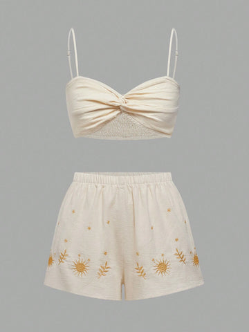 ROMWE Hippie Holiday Style Sun Embroidery Twist Knot Design Women's Tank Top And Shorts 2-Piece Set