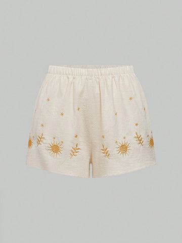 ROMWE Hippie Holiday Style Sun Embroidery Twist Knot Design Women's Tank Top And Shorts 2-Piece Set