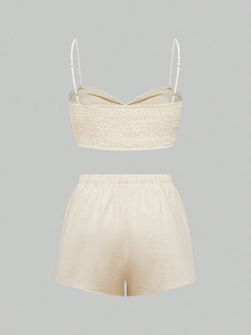 ROMWE Hippie Holiday Style Sun Embroidery Twist Knot Design Women's Tank Top And Shorts 2-Piece Set