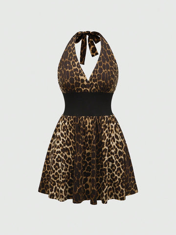ROMWE Hippie Ladies Leopard Print Halter Tie Mini Dress