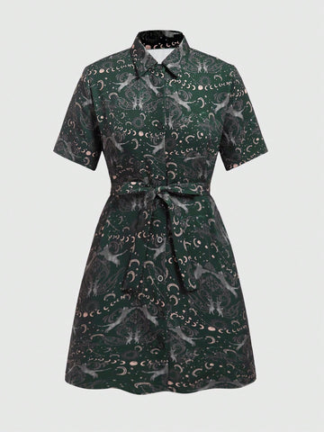 ROMWE Hippie Magical Cat And Celestial Bodies Print Shirt Dress