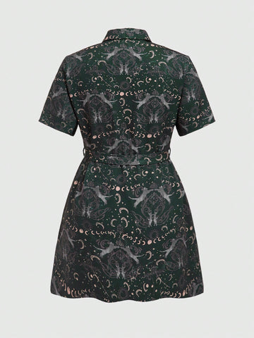 ROMWE Hippie Magical Cat And Celestial Bodies Print Shirt Dress