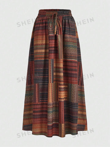 ROMWE Hippie Patchwork Print Knot Waist Skirt