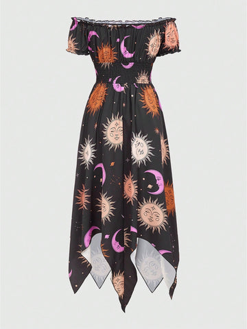 ROMWE Hippie Starry Sky Theme Irregular Hem Off-Shoulder Dress With Sun, Moon And Star Pattern