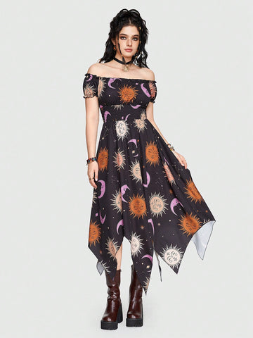 ROMWE Hippie Starry Sky Theme Irregular Hem Off-Shoulder Dress With Sun, Moon And Star Pattern