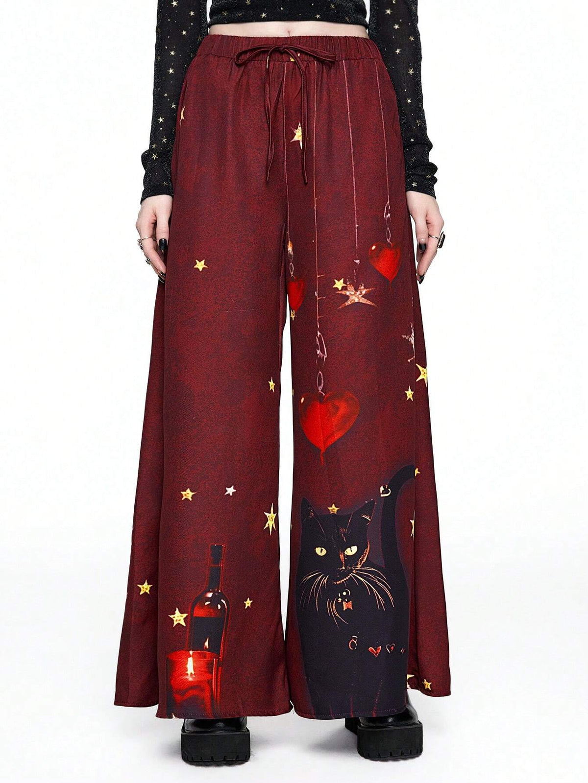 ROMWE Hippie Style Lace-Up Star & Moon Print Casual Pants