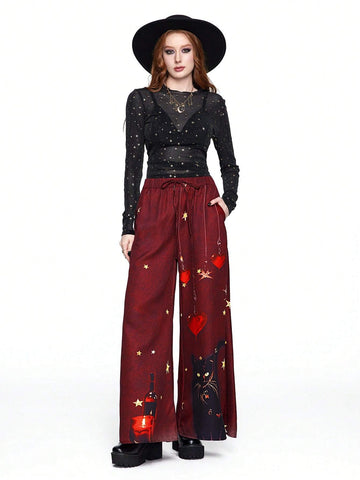 ROMWE Hippie Style Lace-Up Star & Moon Print Casual Pants