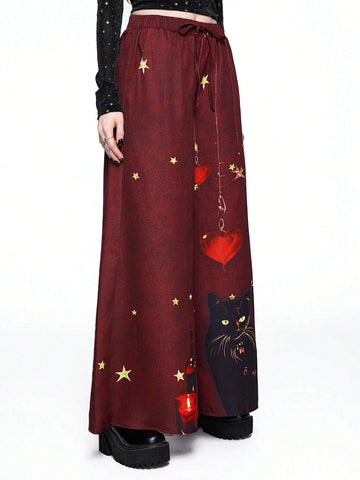 ROMWE Hippie Style Lace-Up Star & Moon Print Casual Pants