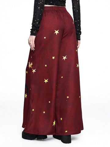 ROMWE Hippie Style Lace-Up Star & Moon Print Casual Pants