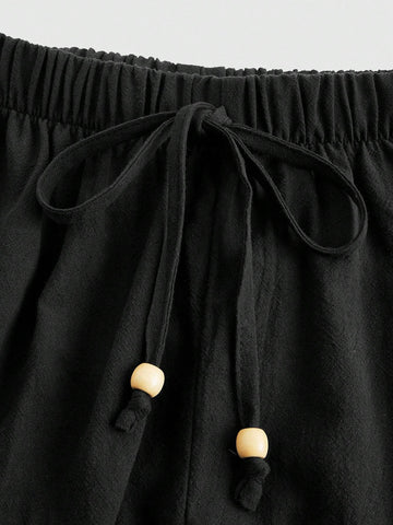 ROMWE Hippie Summer Holiday Sun Embroidered Ladies' Pleated Elastic Wide Leg Pants