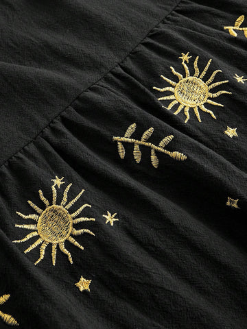 ROMWE Hippie Summer Holiday Sun Embroidered Ladies' Pleated Elastic Wide Leg Pants