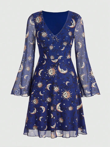 ROMWE Hippie Women'S Mesh Flare Sleeve Dress With Sun, Moon And Star Pattern