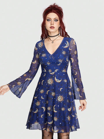 ROMWE Hippie Women'S Mesh Flare Sleeve Dress With Sun, Moon And Star Pattern