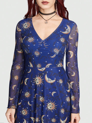 ROMWE Hippie Women'S Mesh Flare Sleeve Dress With Sun, Moon And Star Pattern