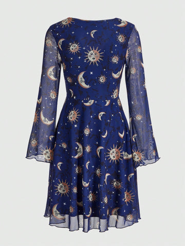 ROMWE Hippie Women'S Mesh Flare Sleeve Dress With Sun, Moon And Star Pattern