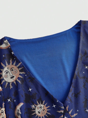 ROMWE Hippie Women'S Mesh Flare Sleeve Dress With Sun, Moon And Star Pattern