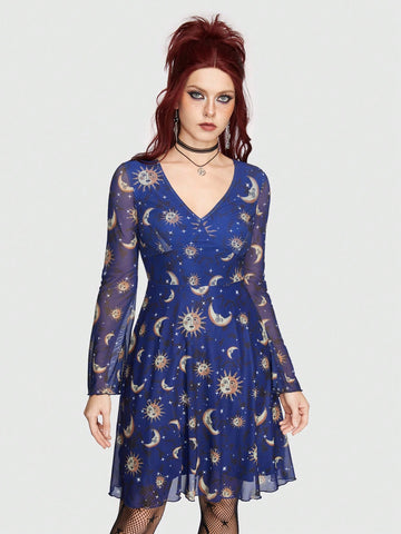 ROMWE Hippie Women'S Mesh Flare Sleeve Dress With Sun, Moon And Star Pattern